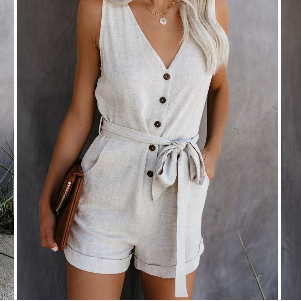 VICI Garner Pocketed Button Down Tie Romper - Natural